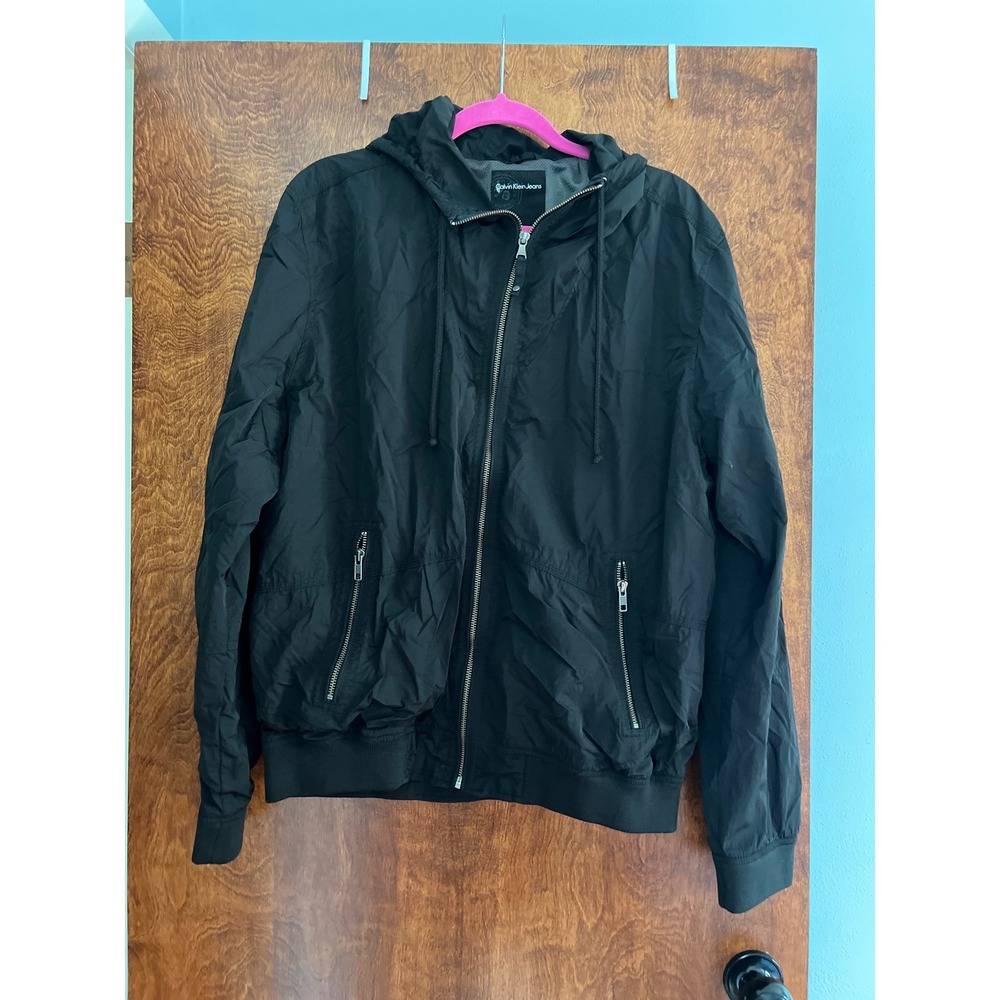 NWOT Calvin Klein Jeans Windbreaker Mens XL Black Hooded Full Zip Jacket